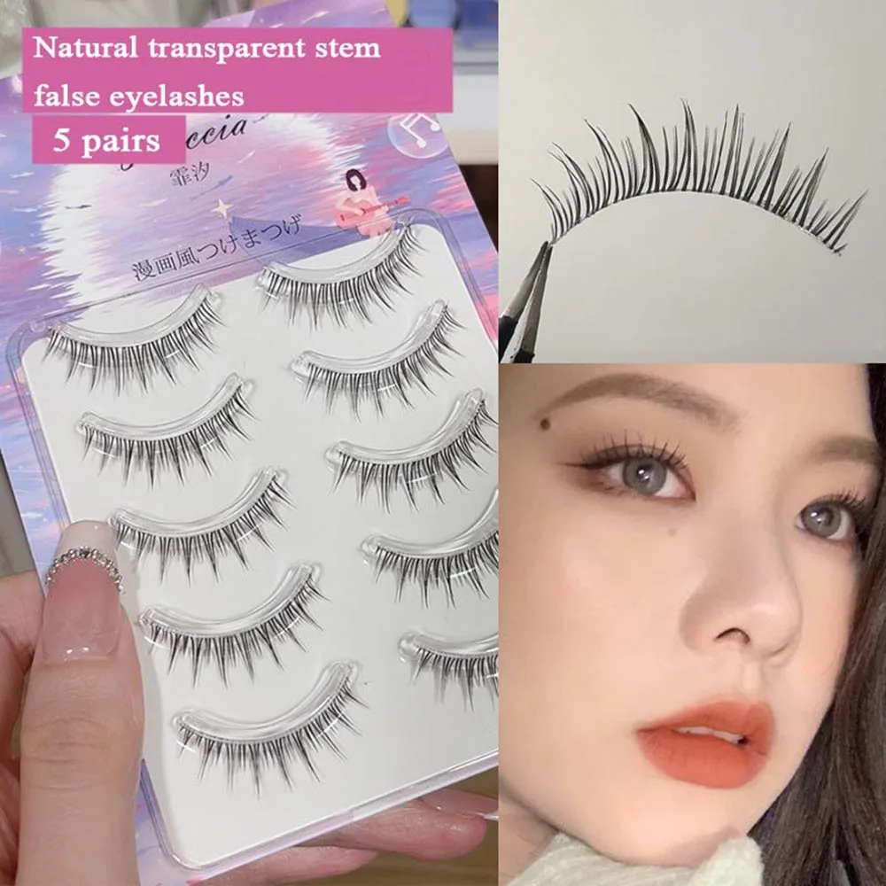 5 Pairs Korean Fashion Lashes Natural Wispy Eyelashes Clear Band False Eyelashes Pack Eyelashes Lash Extension Makeup Tools