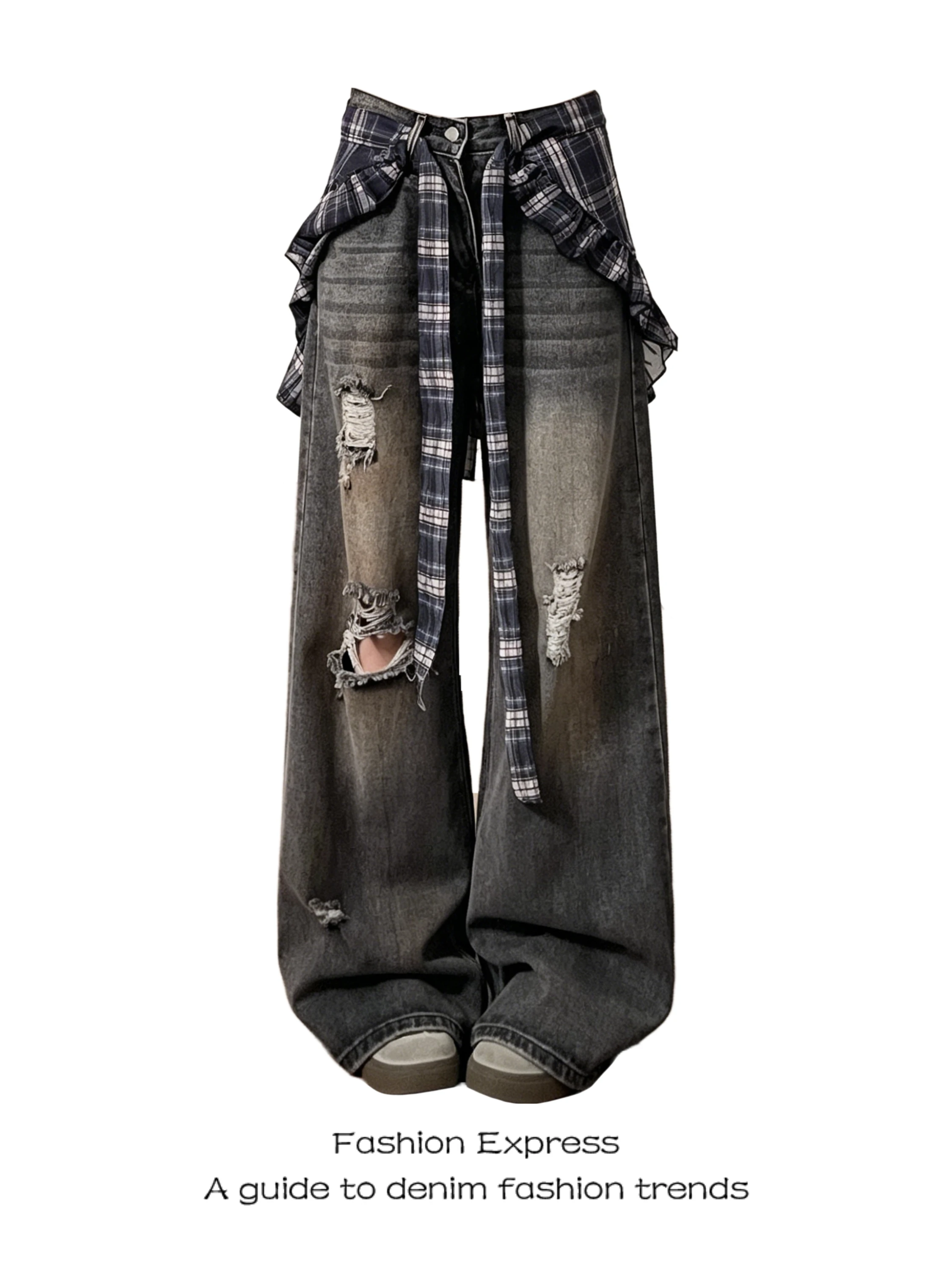 

American Style Retro Hole Denim Jeans Women's Straight Leg Slimming Trousers Cool Trendy Desert Wind High Waist Wide Leg Jeans