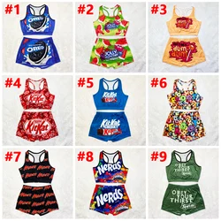 Womens Shorts Sets Snack Kit Kat Short Vest Top & Stretch Booty Shorts Summer Fitness Jogging Sports Two Piece Sets Outfits