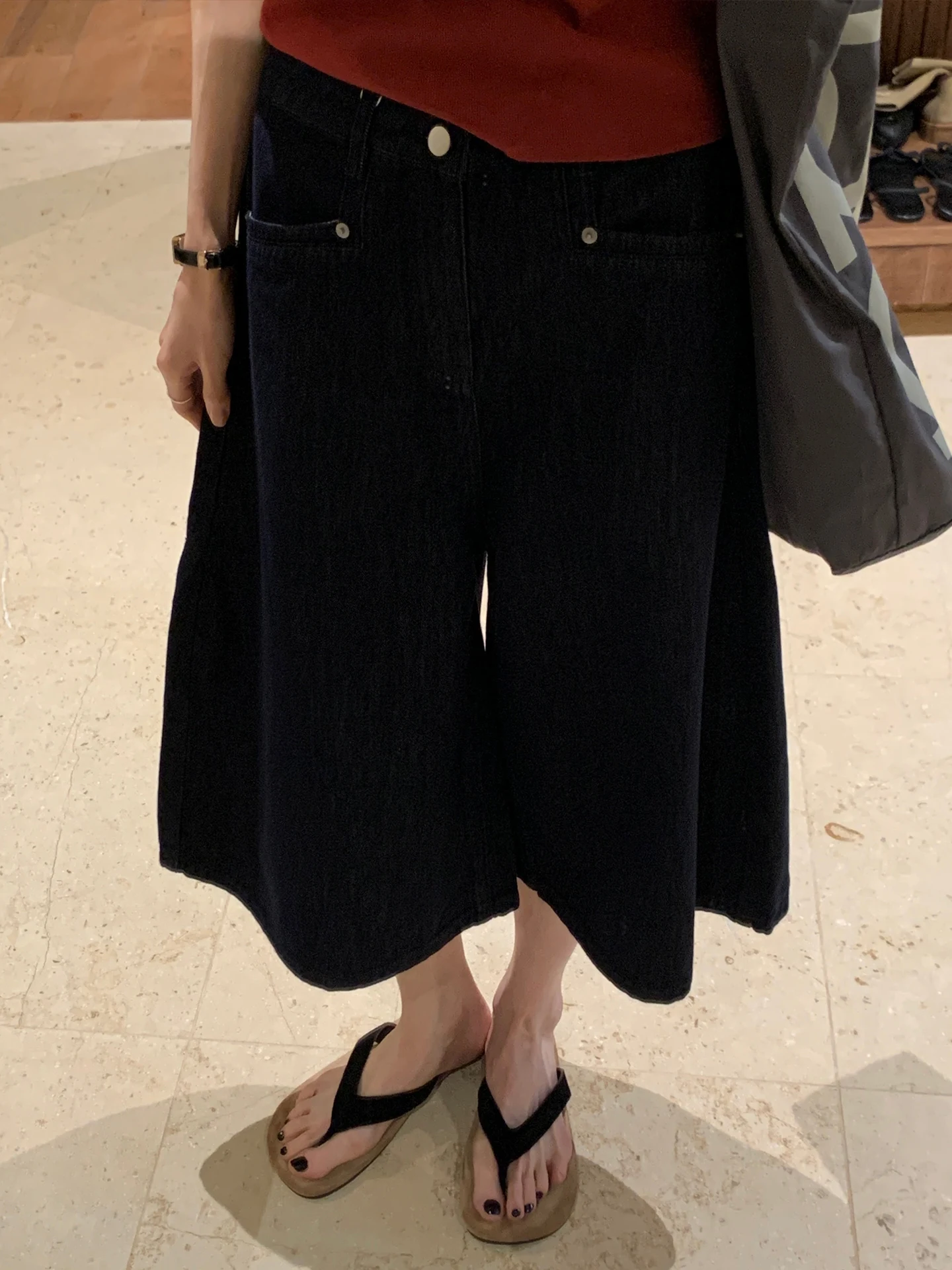 

Женские джинсы с высокой талией, свободного кроя, на пуговицах, 7 дюймов, из денима, весенняя новинка, глубокий синий цвет, широкие штанины