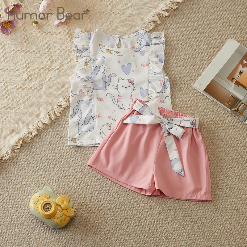 

Humor Bear Summer Girls Casual Suit Cat Print Lace Sleeveless Tank Top + Belt Shorts Children's Clothes