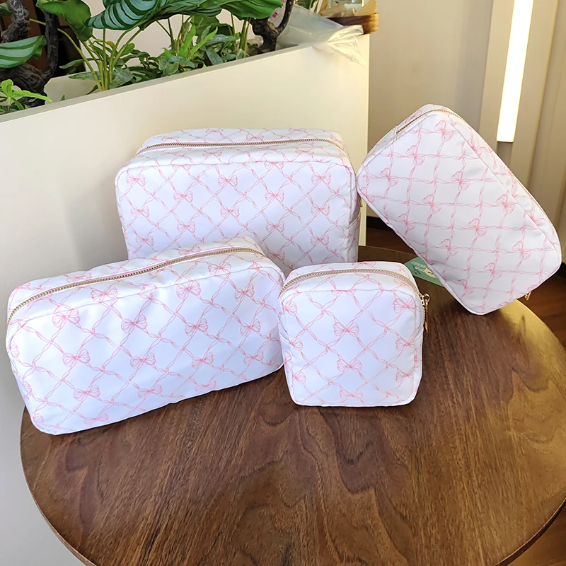 Pink Bule Bow Print borsa da viaggio borsa da toilette trucco custodia in Nylon biberon biancheria intima cosmetici forniture di bellezza borsa