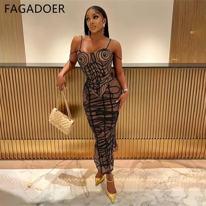 FAGADOER Brown Sexy Mesh Perspective Skinny Skirts Two Piece Sets Women Thin Strap Sleeveless Vest And Skirts Nightclub Outfits