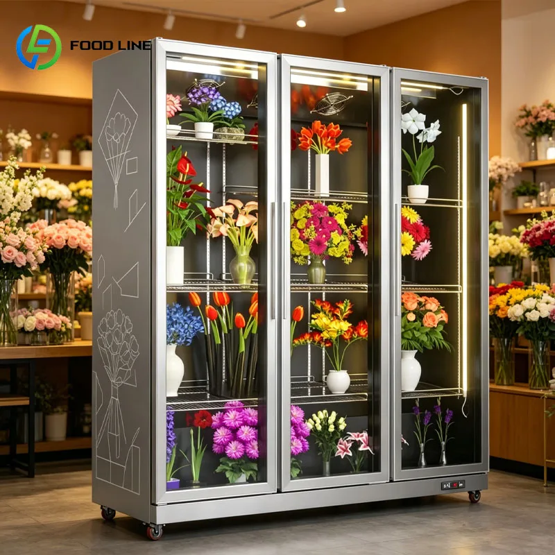 Glass Door Flower Display Cabinet Refrigerated Florist Cooler Supermarket Fresh Flower Fridge LED Showcase Customized