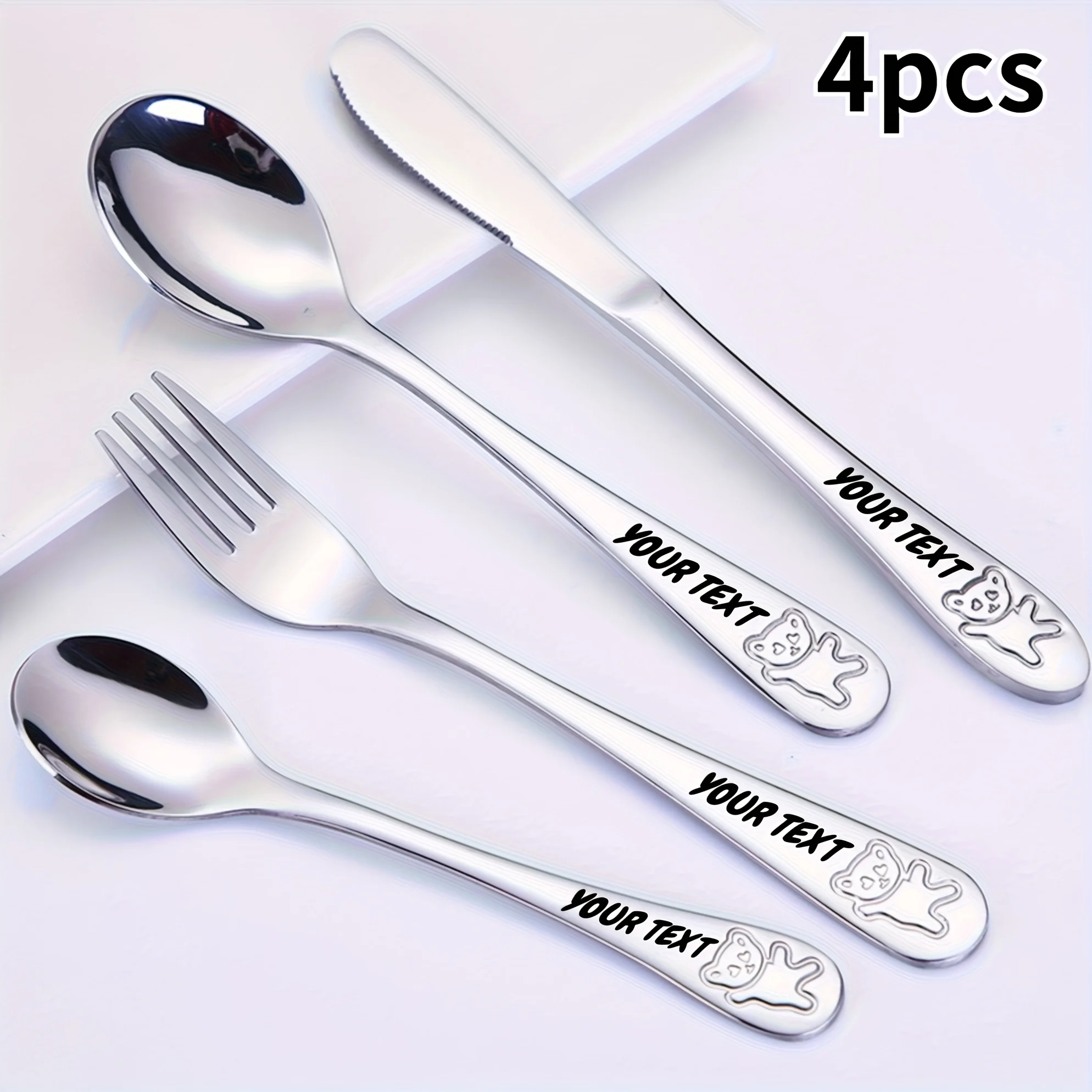 4pcs Customizable Name Flatware Set - 304 Stainless Steel with Cute Bear Design, Personalized Text Knife, Fork, Spoon & Teaspoon