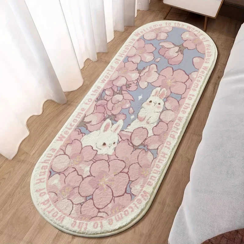 VIKAMA Oval Runner Rug Cute Rabbit Cherry Blossom Non‑slip Plush Floor Mat For Bedroom Bedside Home Decor