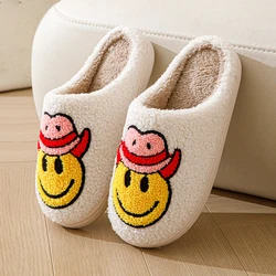 Couple Cowboy Smile Face Fur Slippers Women 2023, Winter Closed Toe Plush Cotton Slippers Woman Comfy Soft Bottom House Shoes