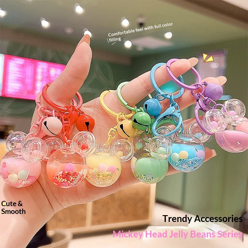 Mini Mickey Head Beaded Sand Bottle Keychain Exquisite Oil Quicksand Sugar Peas Bottle Keyring Cute Bag Car Key Pendant Gifts