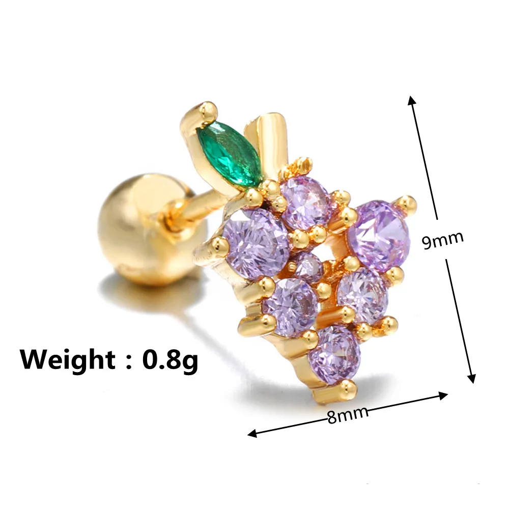 1PC Korean Gold Color Stainless Steel Zircon Ear Piercing Earrings For Women Fruits Ear Studs Cartilage Earring Unusual Jewelry