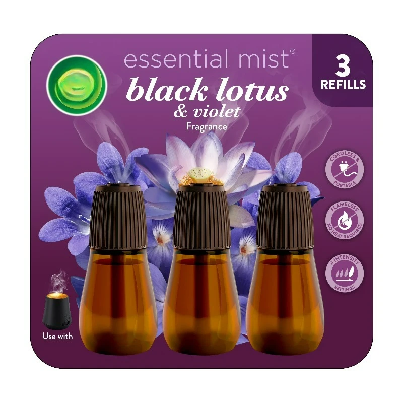 Essential Mist Scented Oil Air Freshener Diffuser Refills, Black Lotus and Violet, 3 Count