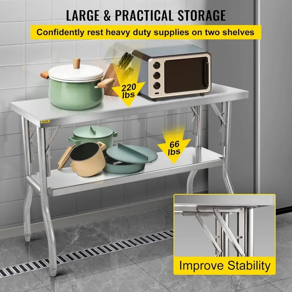 Folding Commercial Prep Table, Heavy-duty Stainless Steel Folding Table with 772 lbs Load, Kitchen Work Table, Silver