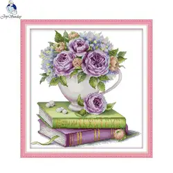 Roses and Books Printed Cross Stitch Kit DIY Floral Pattern Embroidery Needlework Aida 14CT 11CT White Fabric Set Home Decor