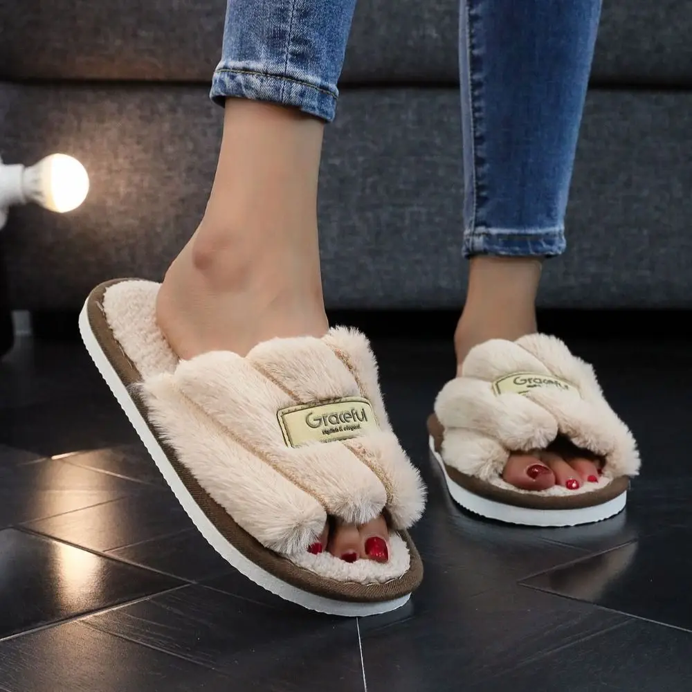 Fashion Stripe Furry Plush Slippers Fluffy Non-Slip Winter Indoor Slippers Thicken Warm Casual Fleece Slippers Bedroom