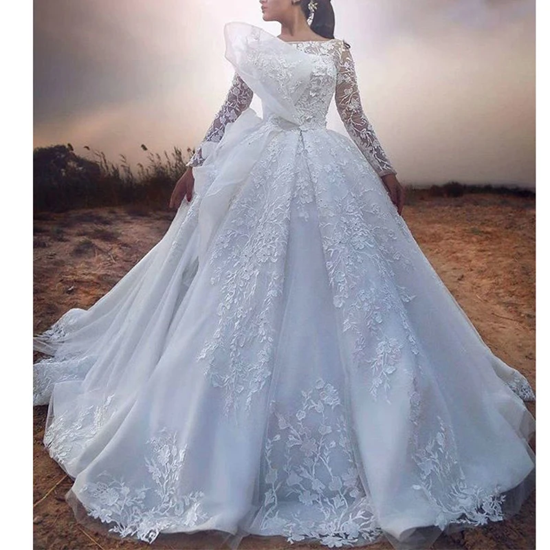 

Well Design Lace Appliques Ballgown Wedding Dress Chapel Train Vestido De Casamento Long Sleeves Country Style Bridal Gown