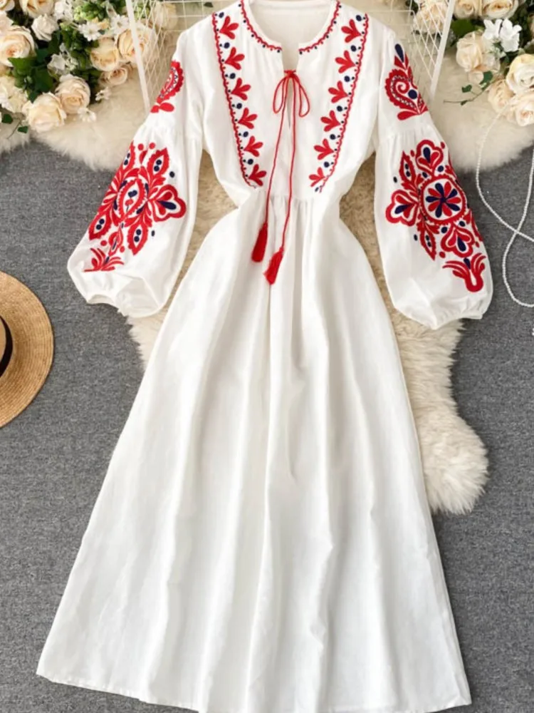 2025 Spring Summer Lantern Sleeve Long Dresses Women Fashion Elegant Vestidos Bohemian National Style Loose Casual Long Dress