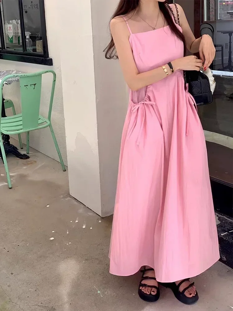 

Корейское модное женское платье с большим карманом, новое летнее повседневное облегающее платье с высокой талией, плиссированное женское однотонное длинное платье на шнуровке