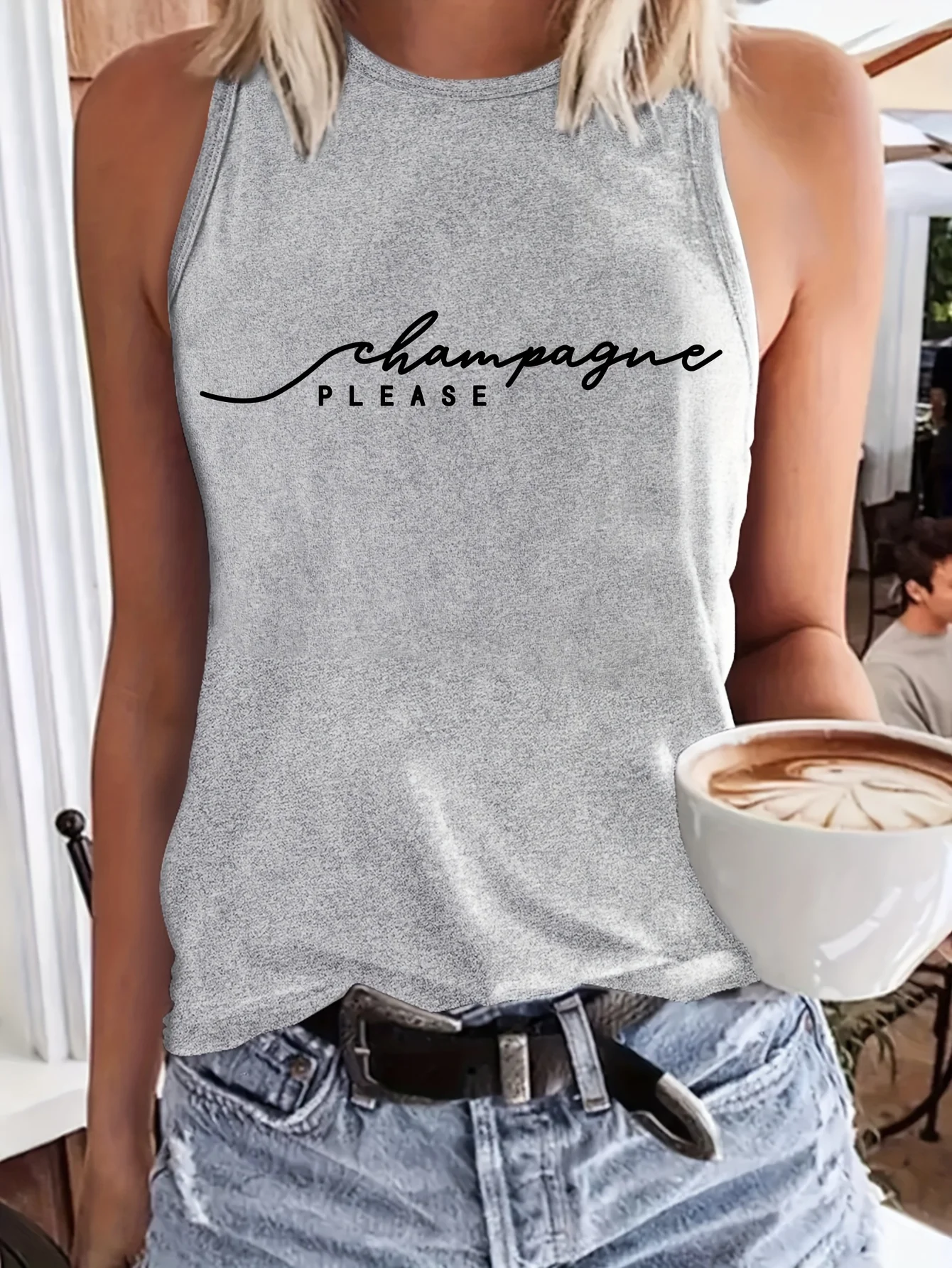 Women\'s Summer Casual Loose Size Please Champagne Print Round Neck Sleeveless Tank Top T-shirt Casual Letter Pattern Tops Summer