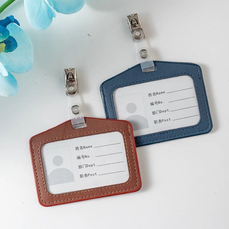 PU Work ID Badge Clip Chest Card Set Horizontal Vertical Leather ID Card Holder Man Woman Transparent Name Card Cover Case