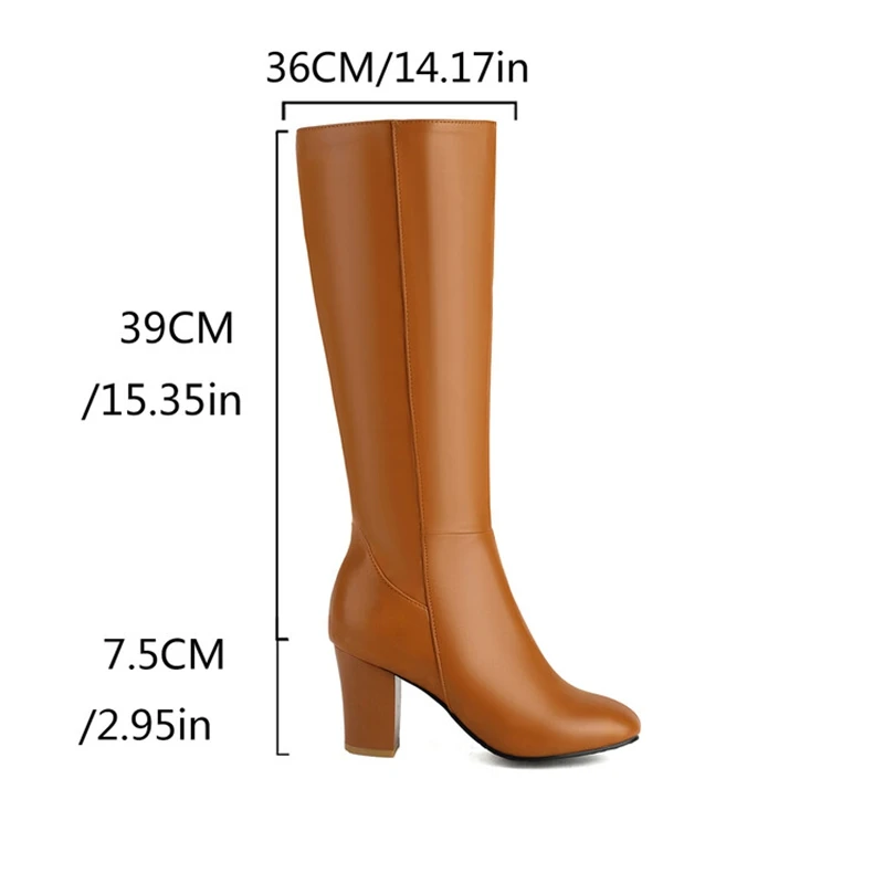 ASILETO 2024 New Classic Knee Boots Round Toe 8CM Block Heels Zipper Faux Leather Plus Size 42 43 44 45 46 47 48 US17 Fashion