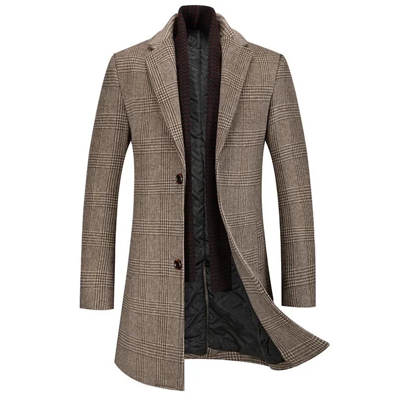 

New Winter Men Scarf Collar Wool Blends Cashmere Trench Coats Long Jackets High Quality Male Business Casual Trench Coats 4XL