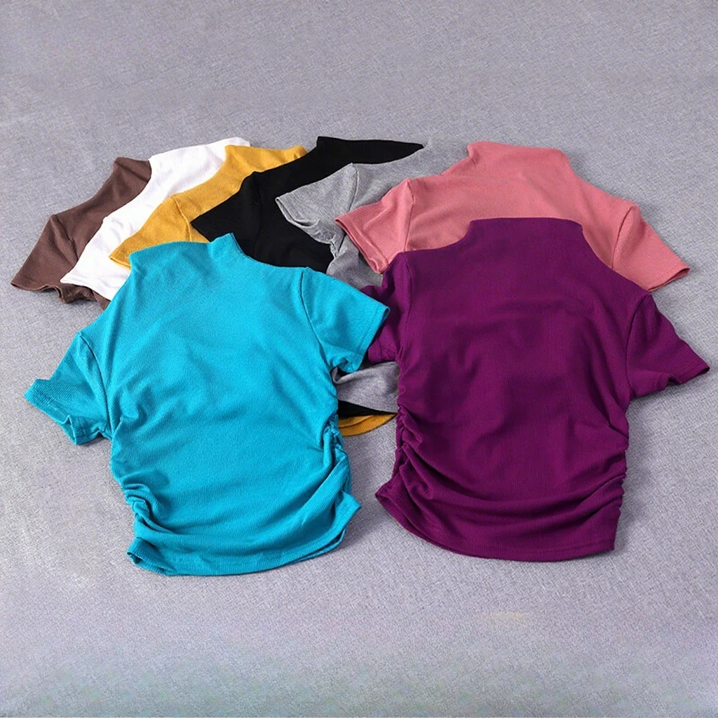 

Mileegirl Side Pleated Women Yoga Shirts High Neck Sports Crop Tops Short Sleeves Gym Fitness Vest Tight Fit Workout Running Tee