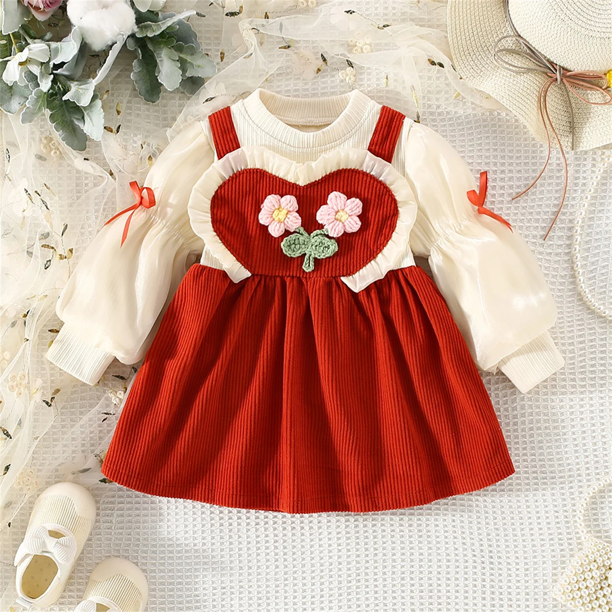 Autumn Baby Girls Long Sleeve Dress Spring Knitted Flower O Collar Fake Two Piece Princess Dresses Toddler Kids Clothes