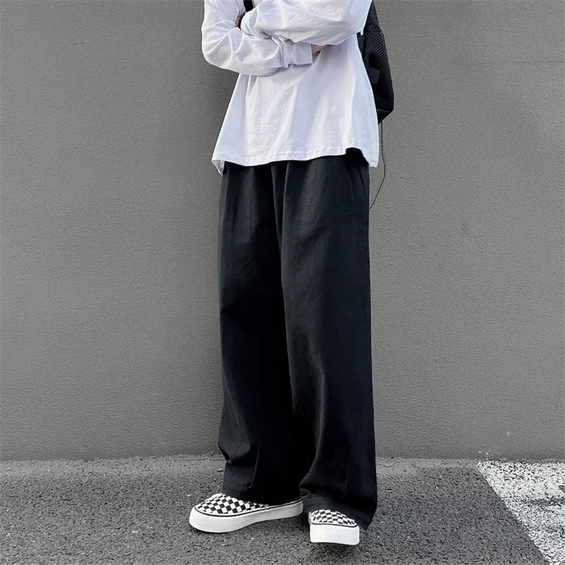 Retro Japanese Style Men's Loose Straight Leg Work Pants Drapey Casual Pure Color Wide Leg Long Trousers Street Style