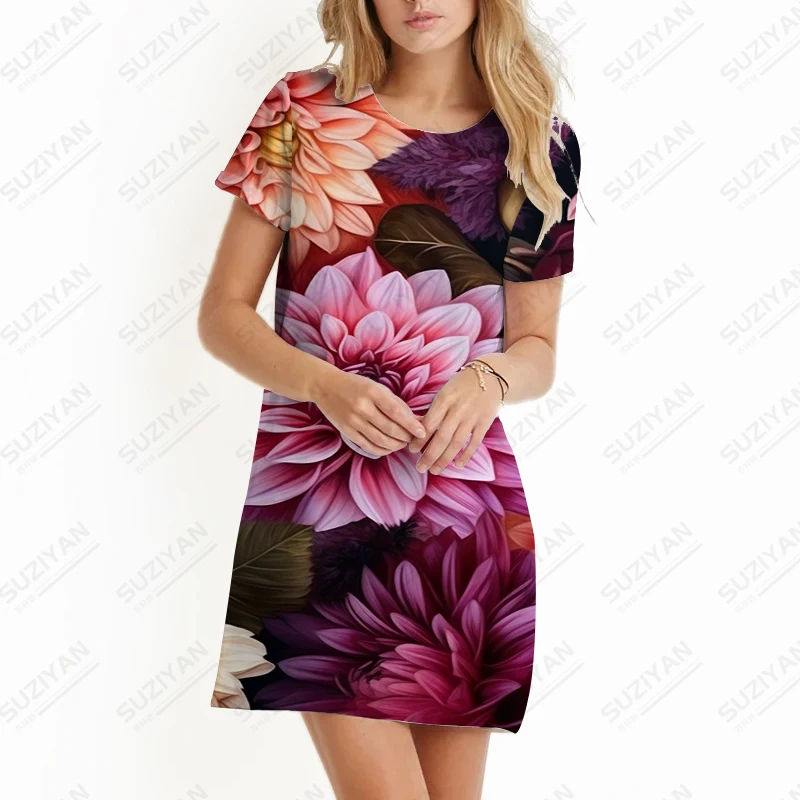 2023 Summer Women's Elegant Casual Dress Gorgeous Flower 3D Printing Dress Fashion Versatile Short-sleeved Dress