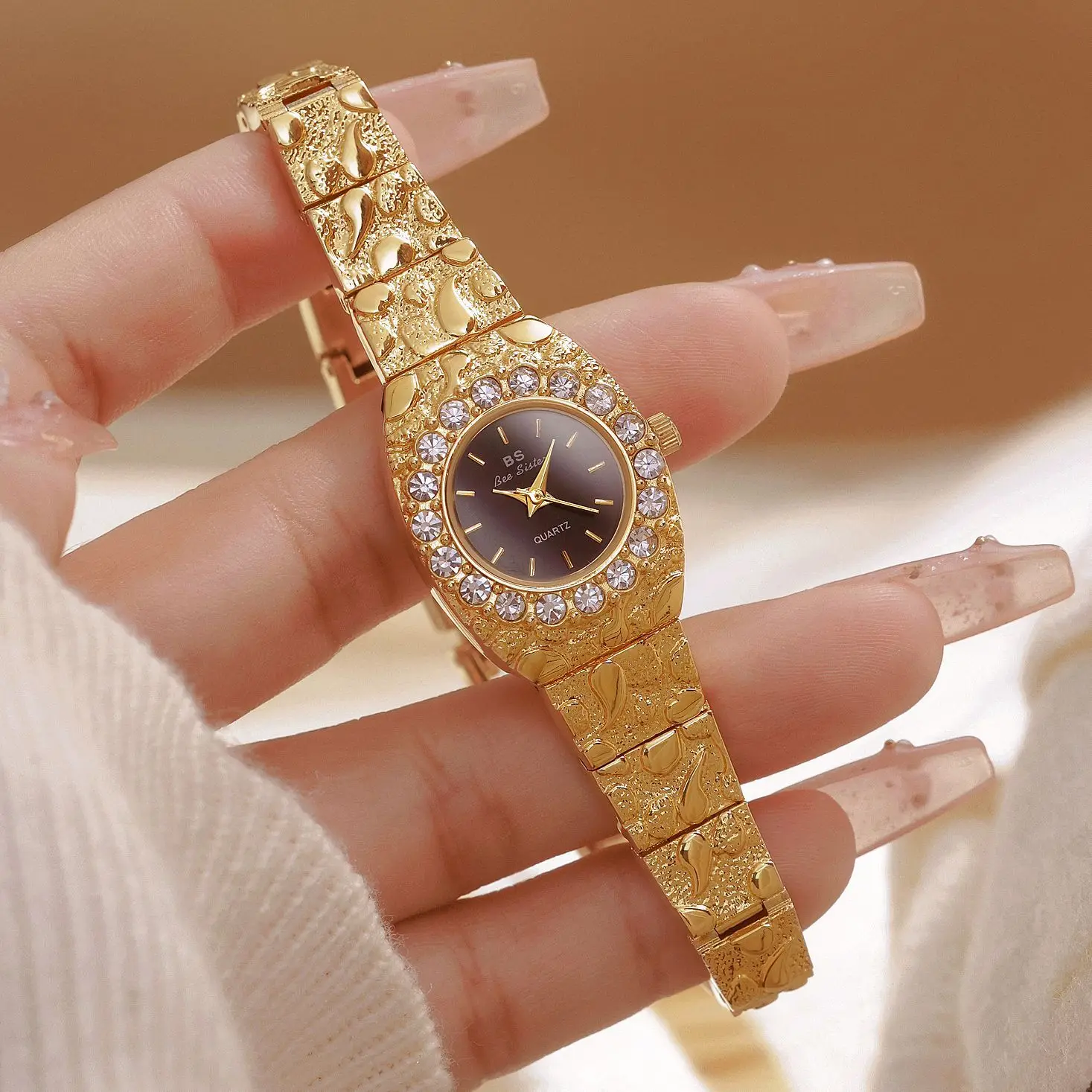 

Elegant women's watch, understated luxury lava black gold vintage diamond watch, a sophisticated gift for your girlfriend.