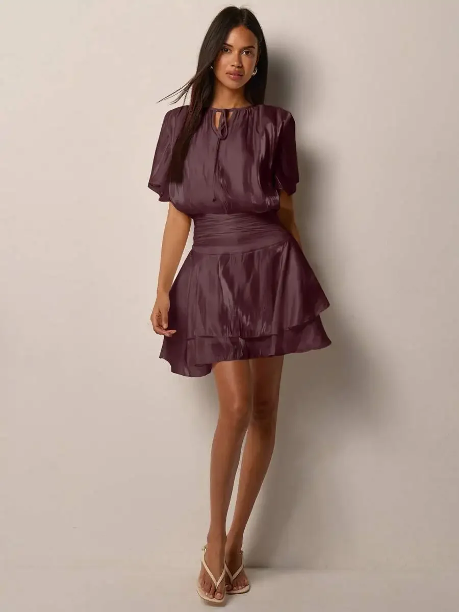 

Womens Mini Dress With Drawstring Neck Ruffle Hem Double Layer Satin Style