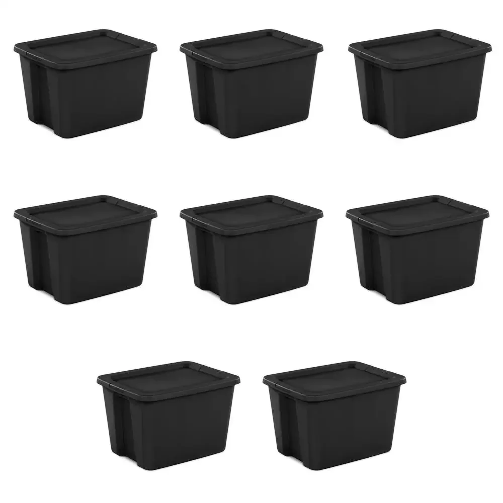 Black Plastic Tote Box Set of 8 18 Gallon Stackable Organizer Handles Secure Snap Lid Efficient Storage Solution Textured Grip