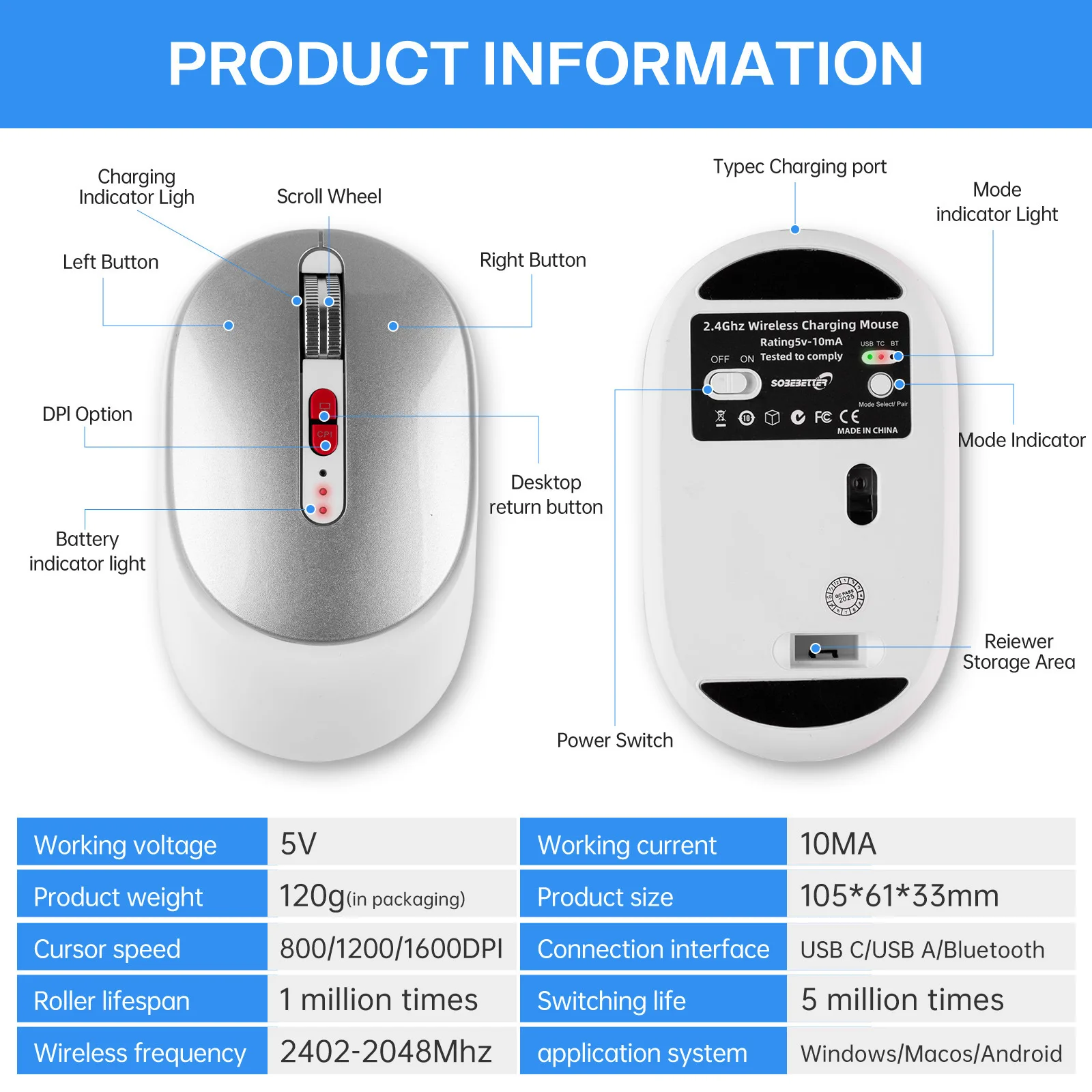 ماوس لاسلكي ثلاثي الوضع قابل لإعادة الشحن، عرض طاقة صامت 1600 ديسيبل متوحد الخواص، مفتاح واحد، العودة إلى الفئران المكتبية لأجهزة الكمبيوتر المحمول والهاتف والكمبيوتر اللوحي #5