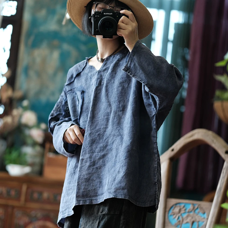 

Новинка 2024, весенний винтажный стиль, винтажный стиль, однотонные женские повседневные топы, футболки M1037, большие женские льняные футболки с длинными рукавами