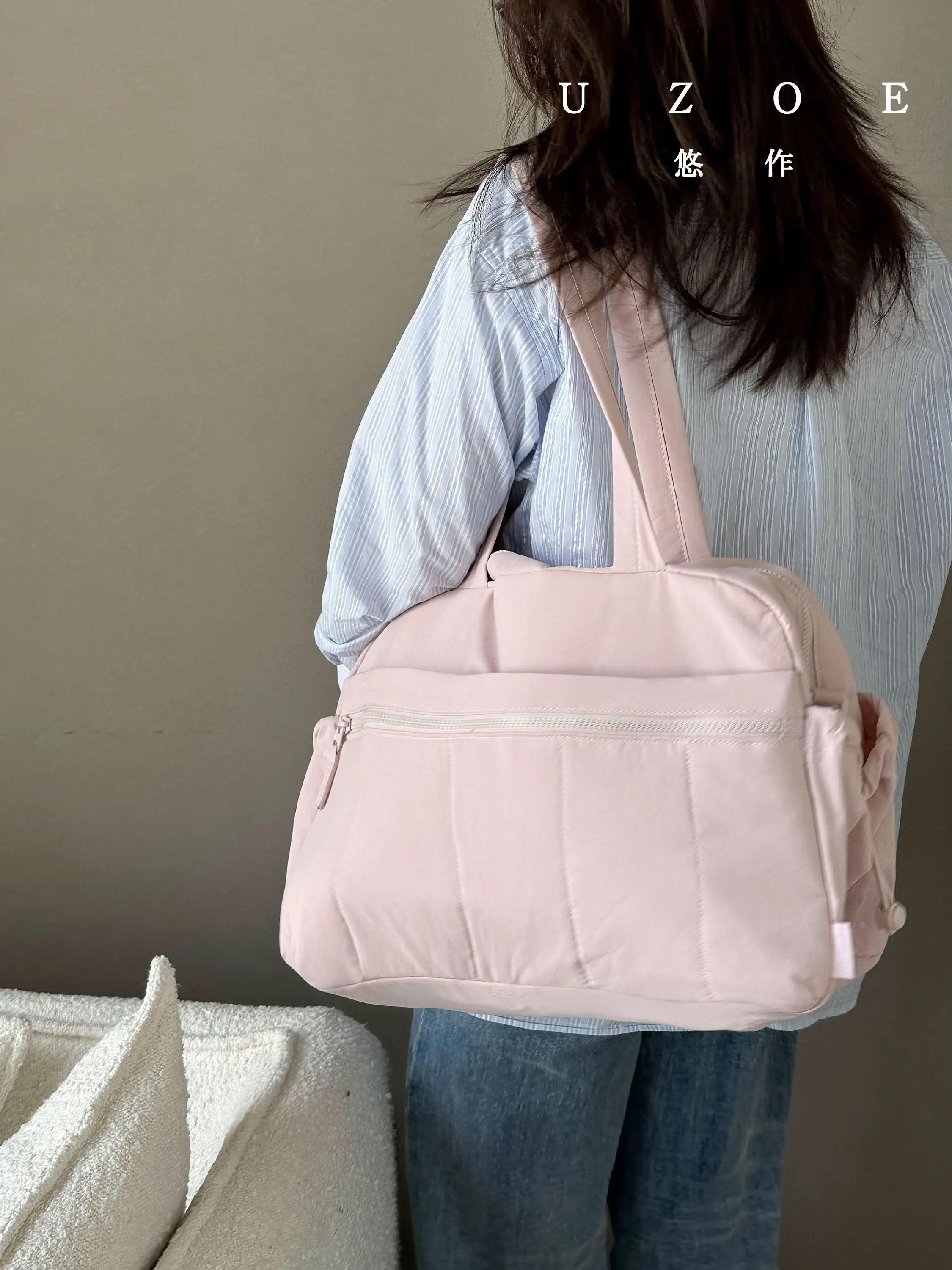 uzoe-pink-cloud-large-capacity-tote-bag-short-trip-travel-bag-sports-fitness-bag-casual-simple-style-detachable-shoulder-strap