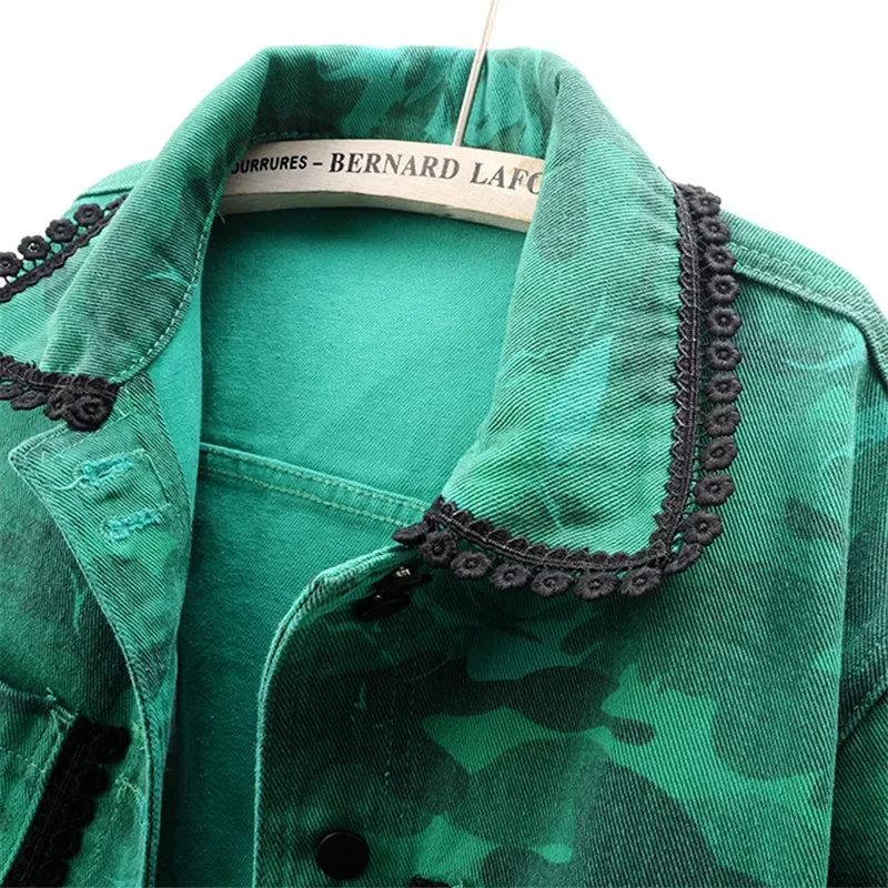 

Spring Fashion Green Tie Dye Lace Big Pocket Denim Jacket Women Cowboy Outerwear Chaquetas Mujer Loose Short Jeans Jacket Female