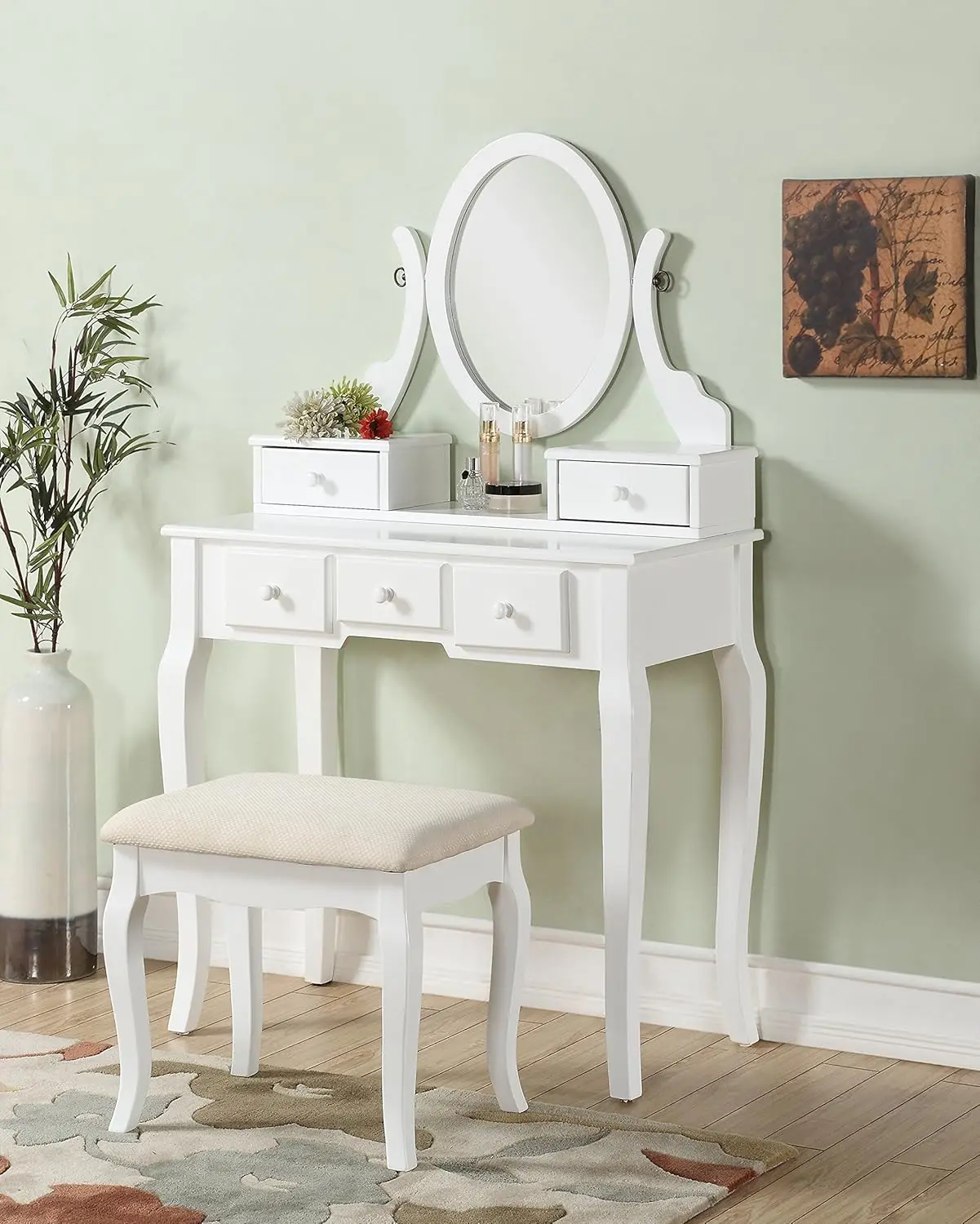 

Furniture Wood Make-Up Vanity Table and Stool Set, White