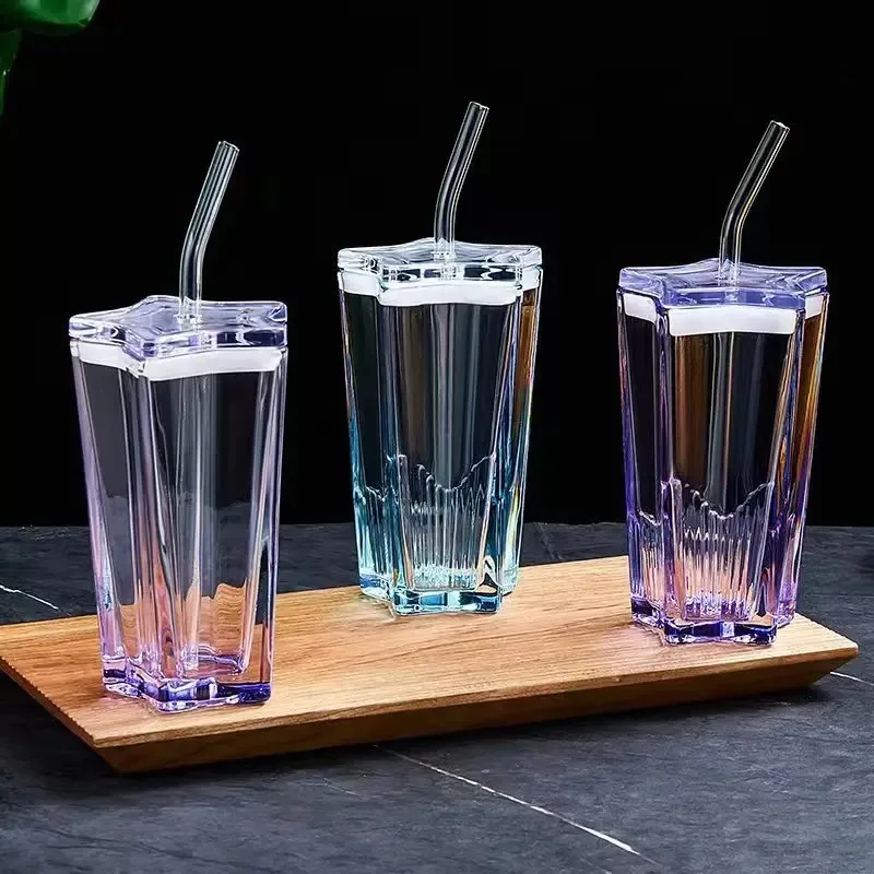 300ml Straw Tumbler Glass Star Drinking Cups with Straw Pentagonal Coffee Milk Juice Glass Plastic Lid Leakproof