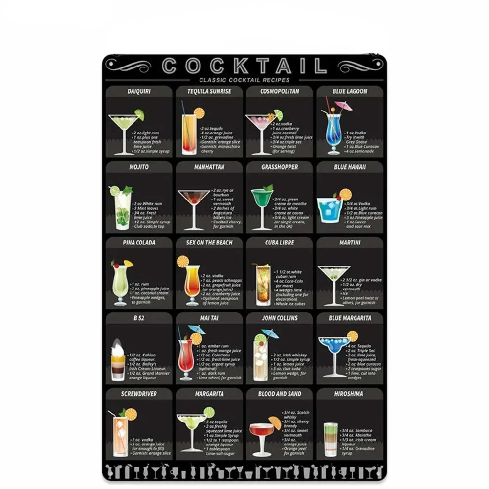 Metall-Cocktail-Menü-Blechschild, Retro-Mixologie-Rezept, Liebhaber, Führer, Bar, Kneipe, Eisen, Kettenaufhänger, Dekor, Getränk, alkoholisches Poster, rustikal