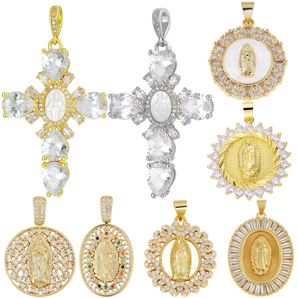 Juya diy 18k banhado a ouro real cruz cristã pingentes suprimentos feitos à mão zircônia cúbica pérola concha santa virgem maria encantos