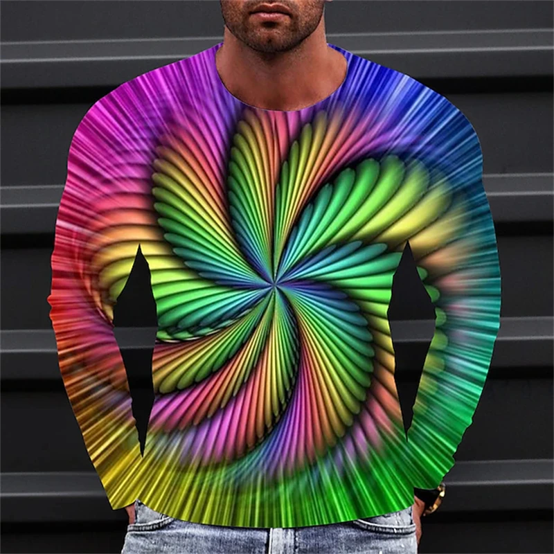 Men\'s Long Sleeve T-shirt 3d Print Vortex Tee Shirts For Men Street O Neck Oversized Harajuku Man Clothing Fashion Colorful Tops