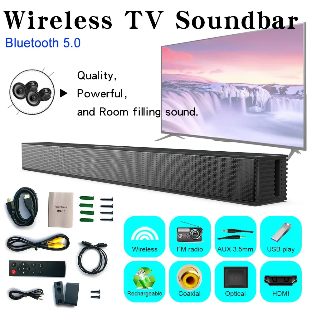 BS-18B Bluetooth Wireless Soundbar Speaker Indoor Integrated Wall-mounted Line In AUX U-Disk RCA Optical Fiber Input FM Radio