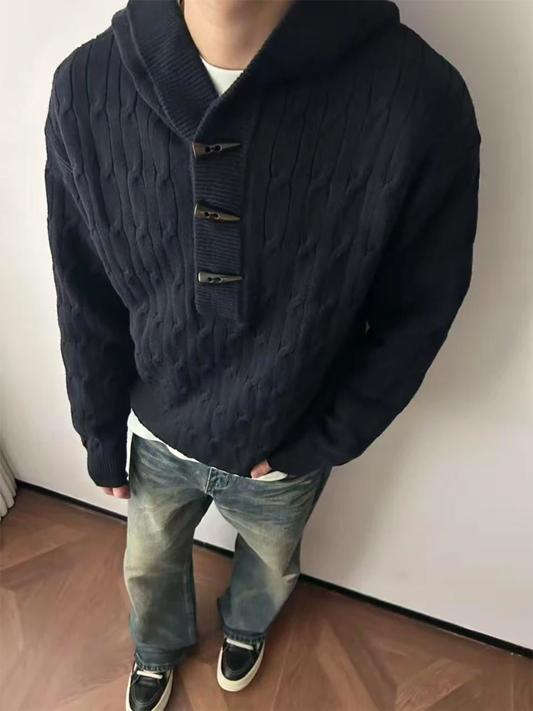 Autumn Winter American Retro Knitted Sweater Men's Lazy Sle Coat Loose Sensation Button up Long Sve V-Ne Warmth