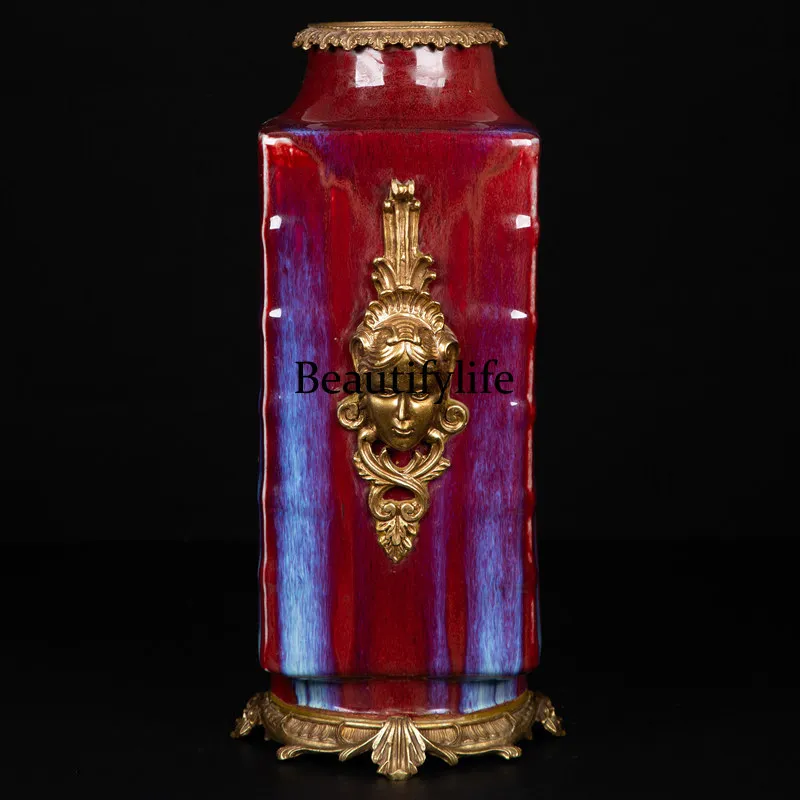 Porcelain kiln-changed glaze ice cracks with copper queen brown bottle Jingdezhen porcelain Chinese vase ornament