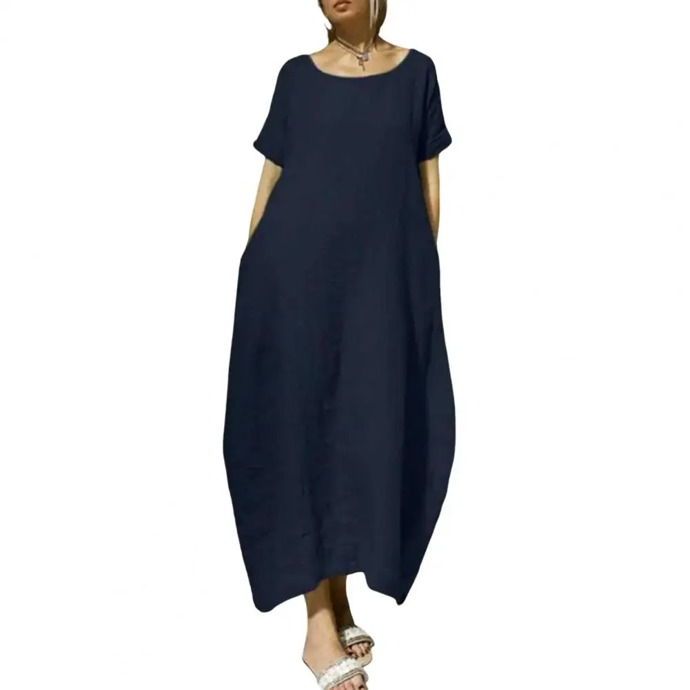 

Women Cotton Linen A-line Dress with Pockets for Solid Color Short Sleeves Ankle Dress