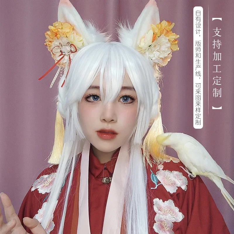 Anime Fox Ears Headband Kawaii Fox Ears Headdress Cosplay Costume  Accessories JK Girl Halloween Party Cosplay Props Flower