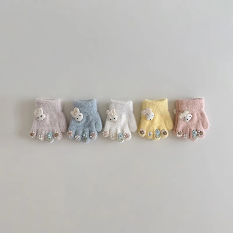

New Autumn Winter Girls' Gloves: Cute Rabbit & Flower Five-finger Mittens, Soft Warm Cold-proof Gloves for Baby Girls