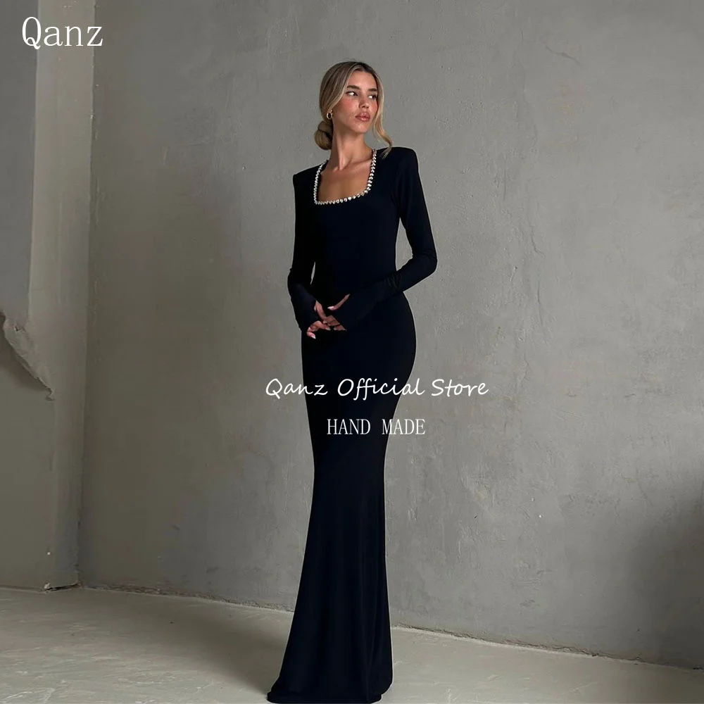 Qanz Moderne schwarze Abendkleider, Kristall, lange Ärmel, Meerjungfrau, schmal geschnitten, Vestidos De Noche, formelles Anlasskleid, individuell gestaltet