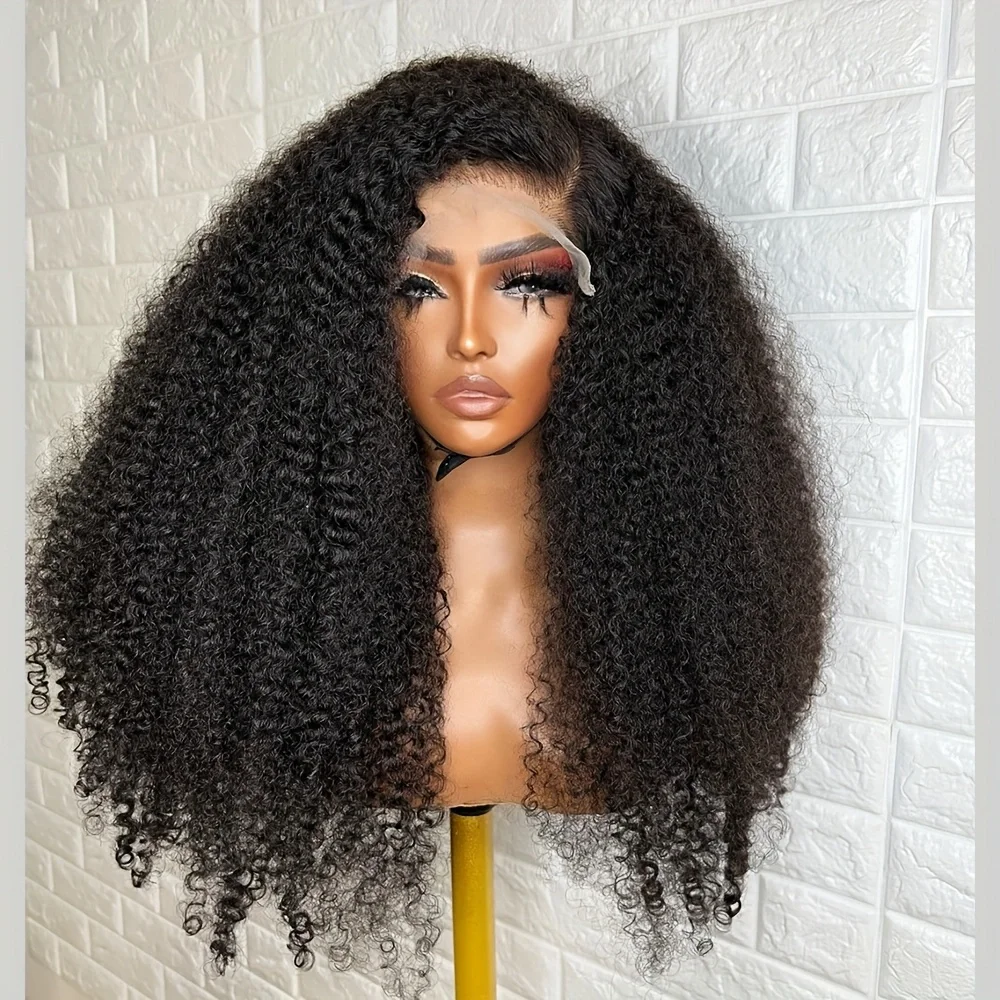 26Inch Long 180 Density Soft Black Kinky Curly Lace Front Wigs For Women With Baby Hair Synthetic Fiber Deep Part Daily