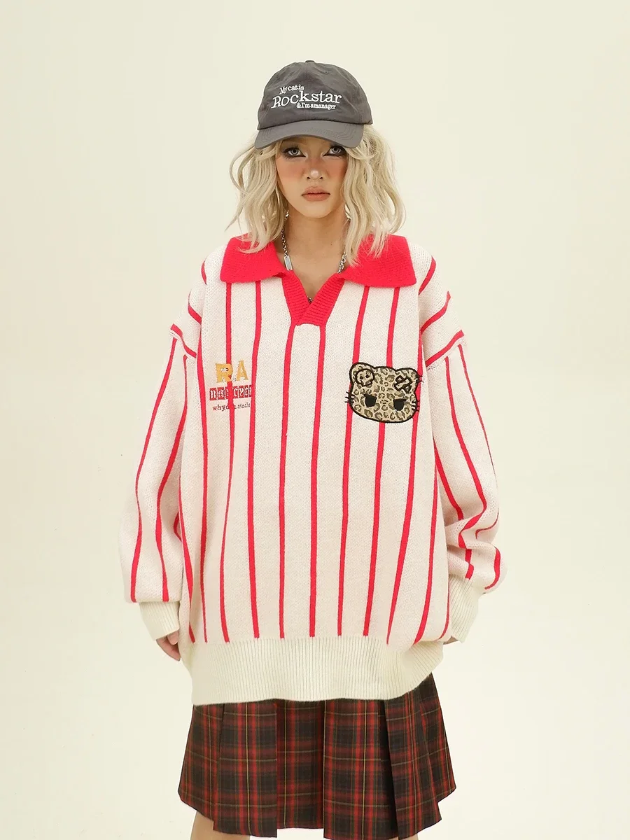 Cartoon Striped Lapel Sweater Women's 2024 Winter New Loose Bf Japanese College Style Knitting