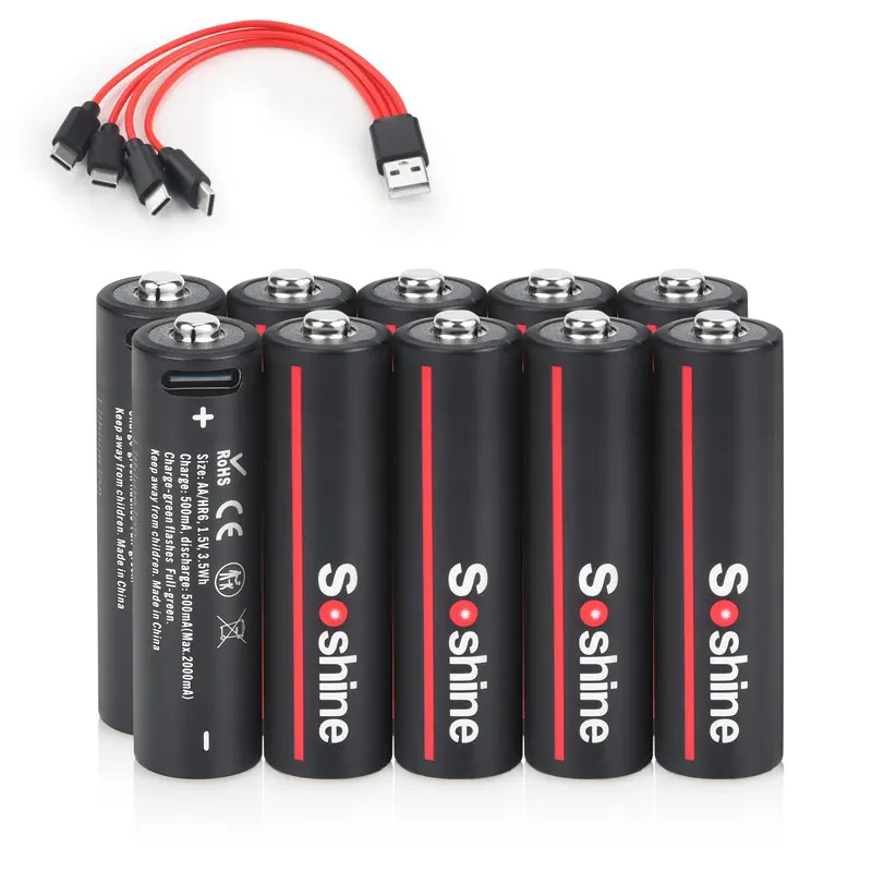 Soshine 3500mWh AA USB Rechargeable Battery 1.5V Aa Lithium Batteries 800 Cycle Time for Mouse Electric Toothbrushes Game Toys